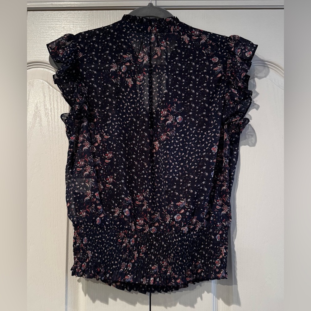 Joie Navy Floral Ruffle Tie Neck Blouse - Picture 4 of 5